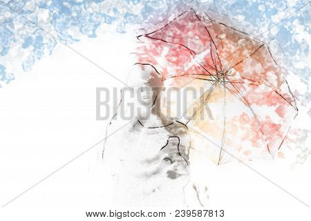 Watercolor Painting Of Stylized  Girl With Ambrella And Copyspace.