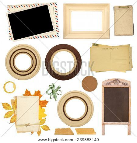 Set of elements for scrapbooking. Object isolated on white background. Vintage wooden frame, retro paper card, dry autumn leaves, shell, sellotape, stain of tea, coffee, menuboard, old photo, postcard
