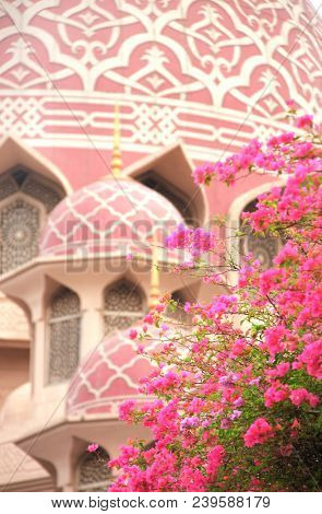 Blooming bougainvillea and pink mosque (Masjid Jamek sultan Abdul Samad), Kuala Lumpur, Malaysia. Focus on flowers