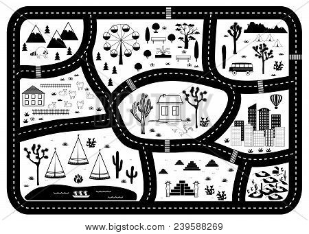 Road, Mountains And Woods Adventure Map. Kids Play Carpet Or Poster With Native Americans Tribal Ele