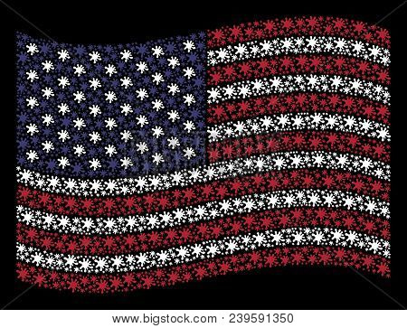 Blot Icons Are Combined Into Waving United States Flag Abstraction On A Dark Background. Vector Conc
