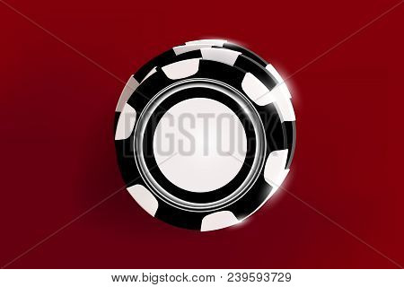 Top View Of Casino Black And White Chips On Red Background. Online Casino Chip Game On Red Table Gam
