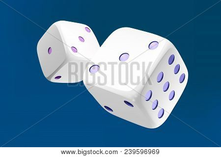 Casino White Dice On Blue Background. Online Casino Dice Gambling Concept On Blue. 3d Dice Vector Il