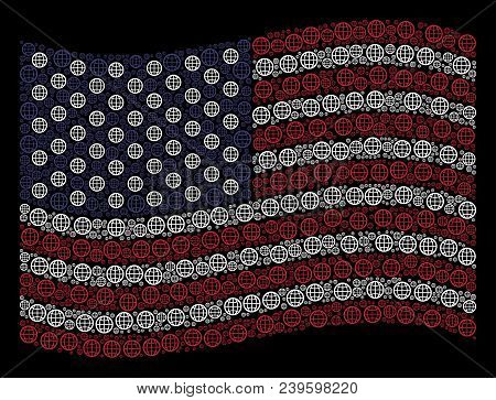Globe Pictograms Are Combined Into Waving American Flag Abstraction On A Dark Background. Vector Col