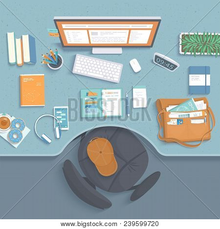 Top View Of Workplace. Table With Recess, Armchair, Monitor, Books, Notebook, Headphones, Phone, Pap