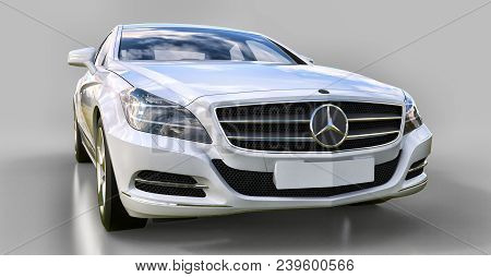 White Mercedes Benz Cls Coupe On A Gray Background. 3d Rendering