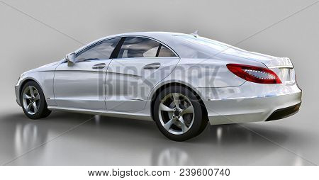 White Mercedes Benz Cls Coupe On A Gray Background. 3d Rendering