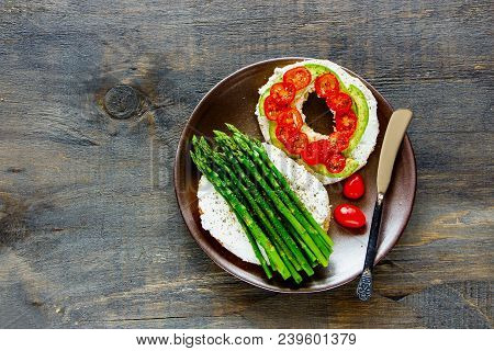 Healthy Veggie Breakfast Flat Lay. Sandwiches With Soft Cheese, Avocado, Tomatoes And Aspargus On Ba