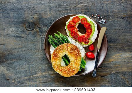 Healthy Veggie Breakfast Flat Lay. Sandwiches With Soft Cheese, Avocado, Tomatoes And Aspargus On Ba