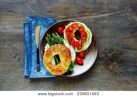Healthy Veggie Breakfast Flat Lay. Sandwiches With Soft Cheese, Avocado, Tomatoes And Aspargus On Ba