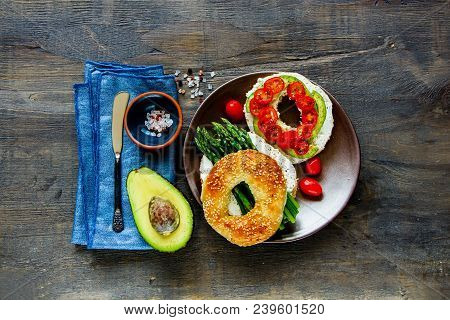 Healthy Veggie Breakfast Flat Lay. Sandwiches With Soft Cheese, Avocado, Tomatoes And Aspargus On Ba