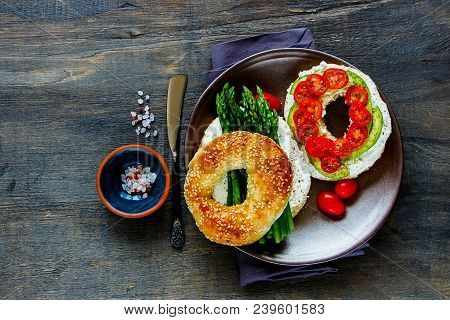 Healthy Veggie Breakfast Flat Lay. Sandwiches With Soft Cheese, Avocado, Tomatoes And Aspargus On Ba