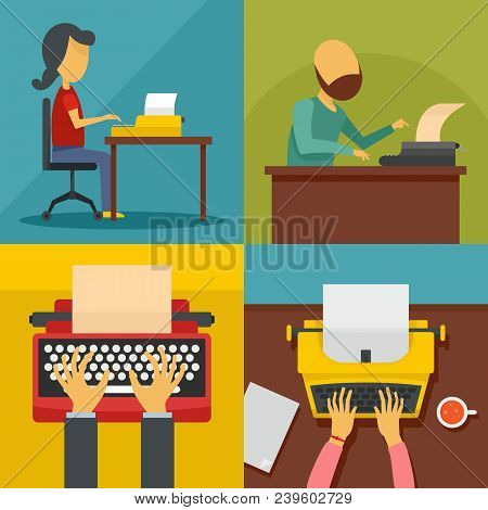 Typewriter Machine Keys Old Keyboard Banner Concept Set. Flat Illustration Of 4 Typewriter Machine K