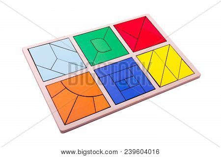 Educational Ecological Wooden Toys For Children. Red, Yellow, Pink, Blue Geometric Figures Isolated 
