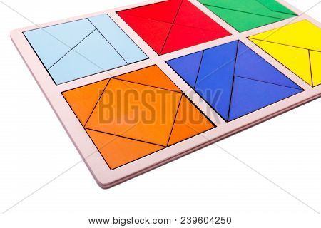 Educational Ecological Wooden Toys For Children. Red, Yellow, Pink, Blue Geometric Figures Isolated 