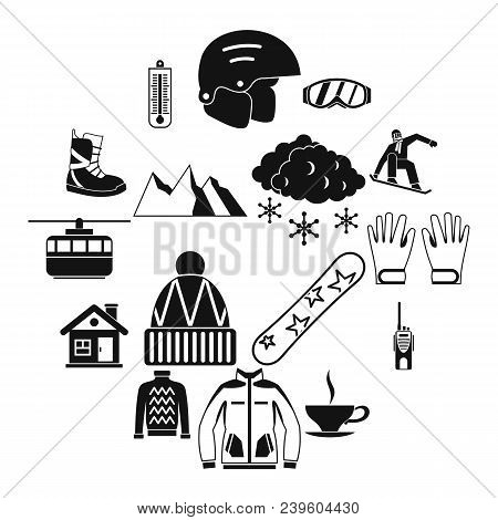 Snowboarding Icons Set In Simple Style. Winter Sport Elements Set Collection Vector Illustration