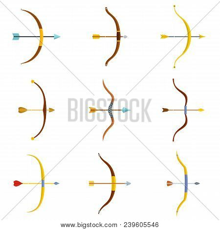 Bow Arrow Weapon Icons Set. Flat Illustration Of 9 Bow Arrow Weapon Vector Icons Isolated On White