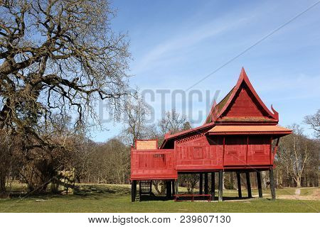 Aarhus, Denmark - April 6, 2018: The Old Thai House In Moesgaard Museum. The Thai House Was Given To