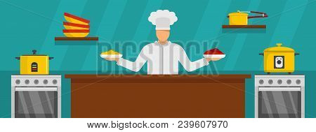 Chef Master Cooking Banner Horizontal. Flat Illustration Of Vector Chef Master Cooking Banner Horizo