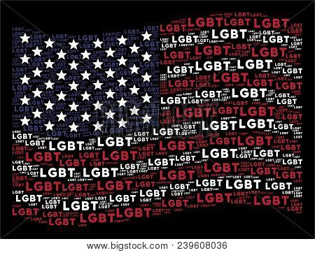 Lgbt Text Items Are Arranged Into Waving Usa Flag Abstraction On A Dark Background. Vector Collage O