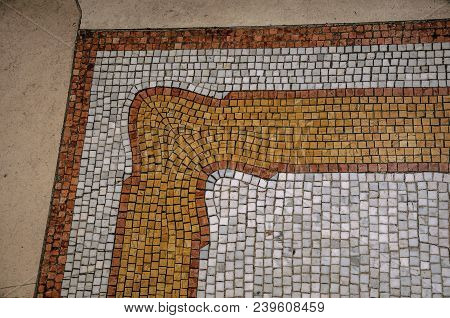 Brussels, Central Belgium - July 04, 2017. Detail Of Floor Made With Mosaic Technique In Old Buildin