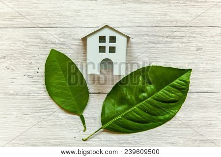 Miniature White Toy Model House With Green Leaves On Wooden Backgdrop. Eco Village, Abstract Environ