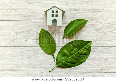 Miniature White Toy Model House With Green Leaves On Wooden Backgdrop. Eco Village, Abstract Environ