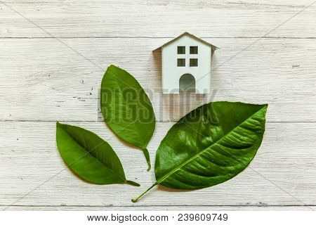 Miniature White Toy Model House With Green Leaves On Wooden Backgdrop. Eco Village, Abstract Environ