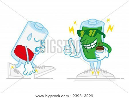 Two Batteries After And Before Energy Hot Coffee, One Is Very Tired With Low Energy Second Is Smile 