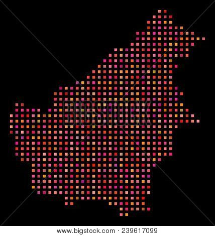 Dotted Borneo Island Map. Vector Geographic Plan In Red Color Tints On A Black Background. Abstract 