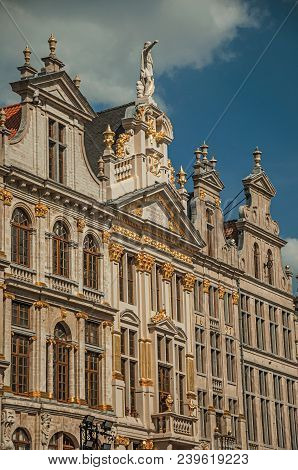 Close-up Of The Rich And Elegant Decoration On The Historic Buildings At Grand Place Of Brussels. Vi