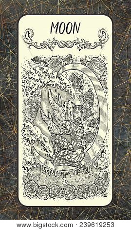 Moon. Major Arcana Tarot Card. The Magic Gate Deck. Fantasy Engraved Illustration With Occult Myster