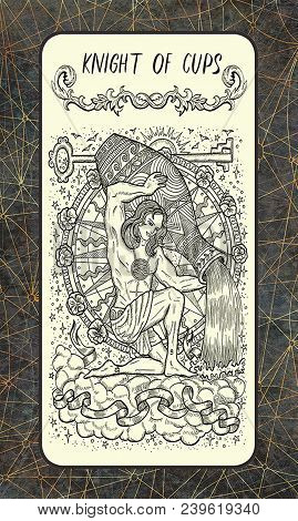 Knight Of Cups. Minor Arcana Tarot Card. The Magic Gate Deck. Fantasy Engraved Illustration With Occ