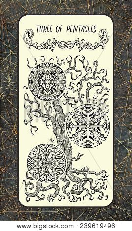 Three Of Pentacles. Minor Arcana Tarot Card. The Magic Gate Deck. Fantasy Engraved Illustration With