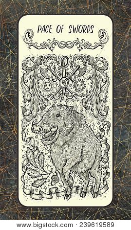 Page Of Swords. Minor Arcana Tarot Card. The Magic Gate Deck. Fantasy Engraved Illustration With Occ