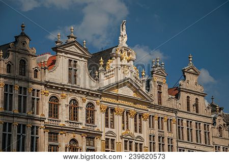 Close-up Of The Rich And Elegant Decoration On The Historic Buildings At Grand Place Of Brussels. Vi