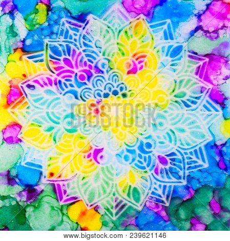 A Stenciled Mandala Over A Metallic Pearl Sublayer With Brilliant Alcohol Ink Rainbow Design.