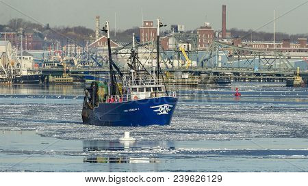 New Bedford, Massachusetts, Usa - January 10, 2018: Commercial Fishing Vessel Luso American I  Cross
