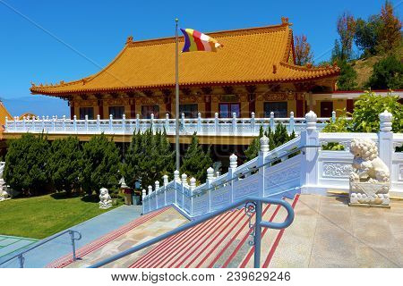 May 6, 2018 In Hacienda Heights, Ca:  Hsi Lai Buddhist Temple Surrounded By Manicured Landscaping Wi