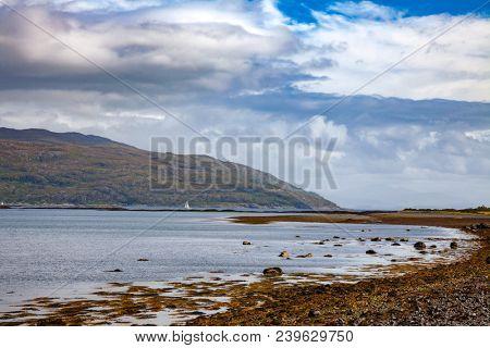 Sailboat at Sound of Mull near Craignure, Isle of Mull, Inner Hebrides, Scotland, UK