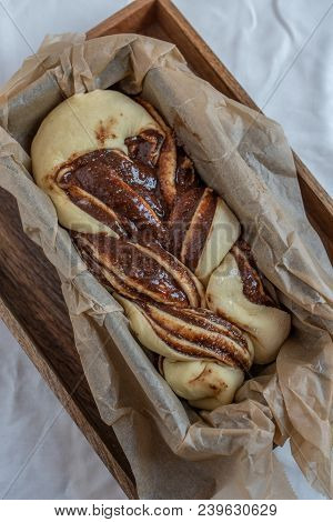 Home Made Chocolate Babka Fresh From The Oven On A Wooden Table