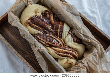 Home Made Chocolate Babka Fresh From The Oven On A Wooden Table