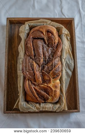 Home Made Chocolate Babka Fresh From The Oven On A Wooden Table