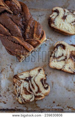 Home Made Chocolate Babka Fresh From The Oven On A Wooden Table