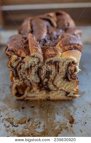 Home Made Chocolate Babka Fresh From The Oven On A Wooden Table