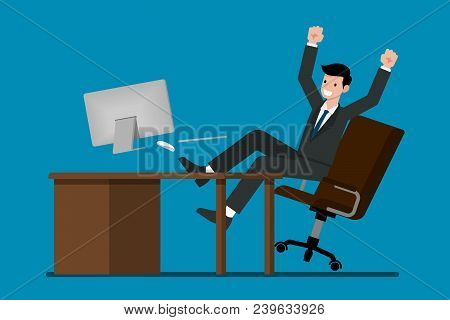 Happy Businessman Finish Working On A Personal Computer, Jumping On A Brown Leather Chair Behind The