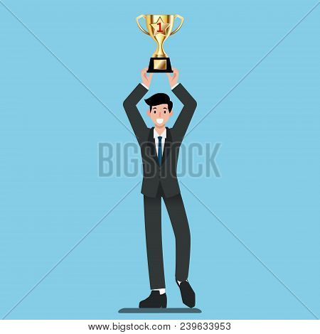 Businessman Get Gold Trophy For The Winner With Successful. Flat Vector Illustration Design Of The E