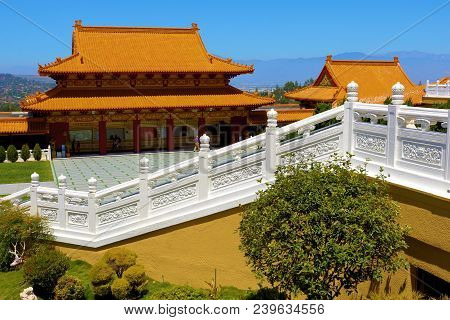 May 6, 2018 In Hacienda Heights, Ca:  Hsi Lai Buddhist Temple Surrounded By Manicured Landscaping Ta