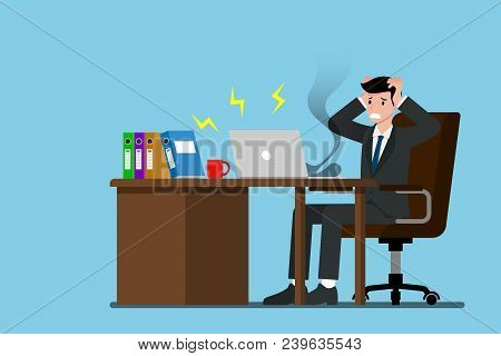Vector Illustration Show Situation Of Businessman Who Cannot Continue His Work Because His Laptop Is