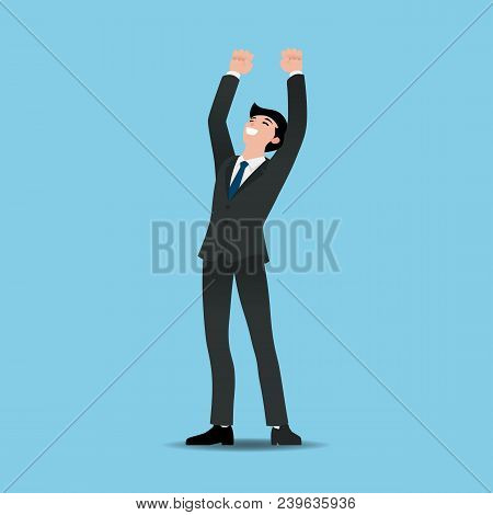 Business Man Executives Celebrate His Successful, Raising Hands With Clenched Fists Up Over Heads. V
